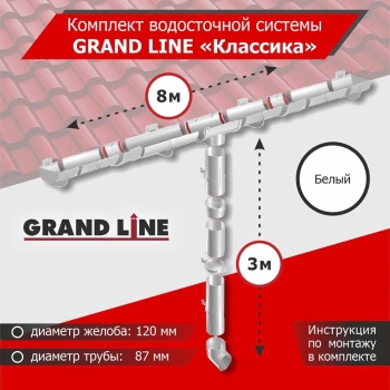 Комплект водосточной системы GrandLine для ската 8м, труба 3м, Классика  Белый