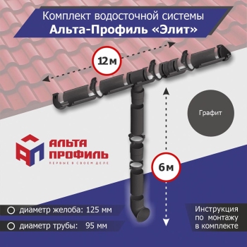 Комплект водосточной системы АльтаПрофиль для ската 12м, труба 6м, Элит Графит