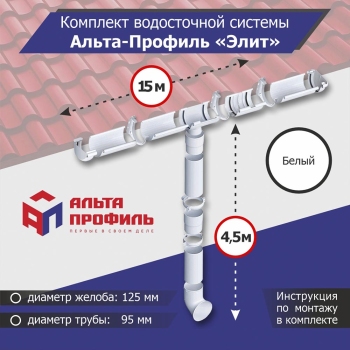 Комплект водосточной системы АльтаПрофиль для ската 15м, труба 4,5м, Элит Белый