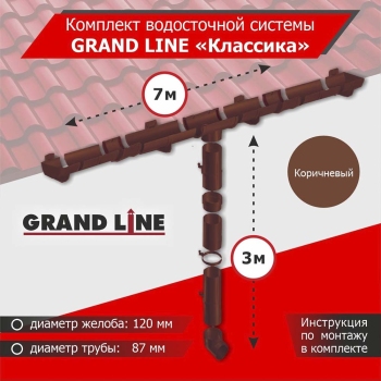 Комплект водосточной системы GrandLine для ската 7м, труба 3м, Классика Коричневый