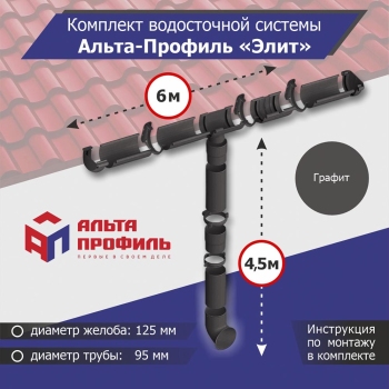 Комплект водосточной системы АльтаПрофиль для ската 6м, труба 4,5м, Элит Графит