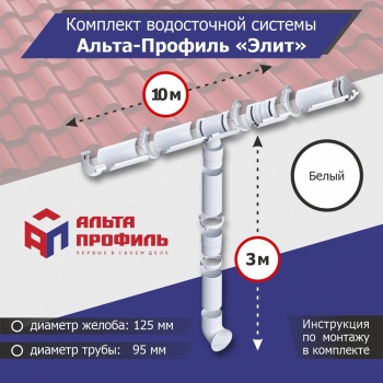 Комплект водосточной системы АльтаПрофиль для ската 10м, труба 3м, Элит Белый